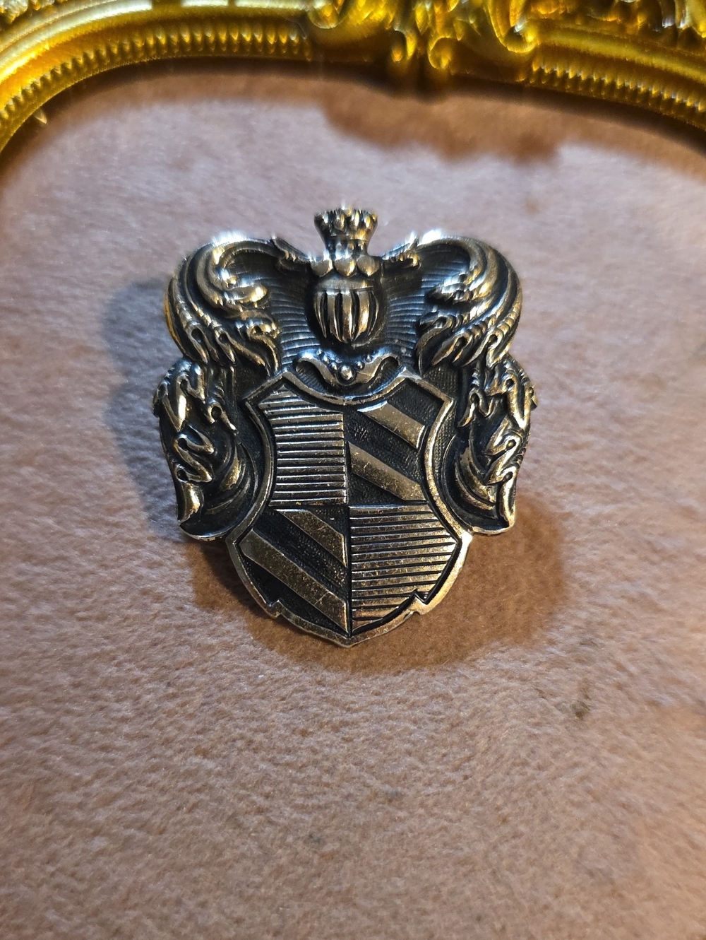Vintage Bronze Tone Heraldic Coat of Arms Shield Brooch Pin